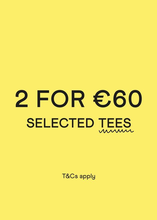 a yellow and black poster with the words 2 for €60 selected t - shirts